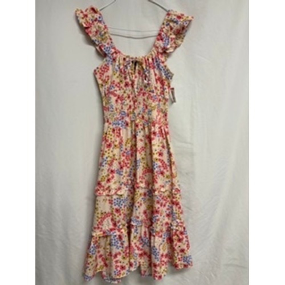 Boohoo Women Floral Smocked Tiered Midi Dress Ruffle Sleeve Size 6 NEW